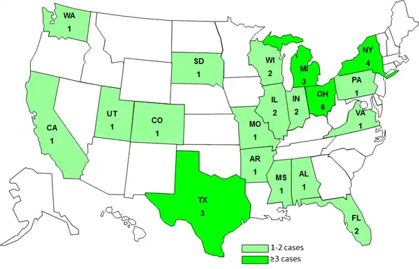 2013 E. coli outbreak, persons infected with the outbreak strain of E. coli O121, by state, U.S.[12]