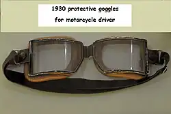 Safety glasses for motorcycle drivers, circa 1930, to protect against rain, wind and insects