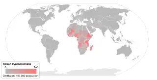 Deaths per 100,000 population due to African trypanosomiasis by country in 2002.[33]