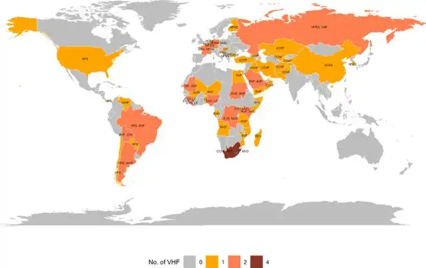 VHF- color denotes the number of VHF with at least one outbreak reported by country - Argentine hemorrhagic fever is ArHF[26]