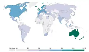 Average price of a pack of 20 cigarettes, measured in international dollars in 2014.[261]