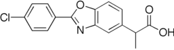 Two-dimensional monochrome diagram showing the structure of the molecule of benoxaprofen, using the hexagonal style to depict a chemical compound.