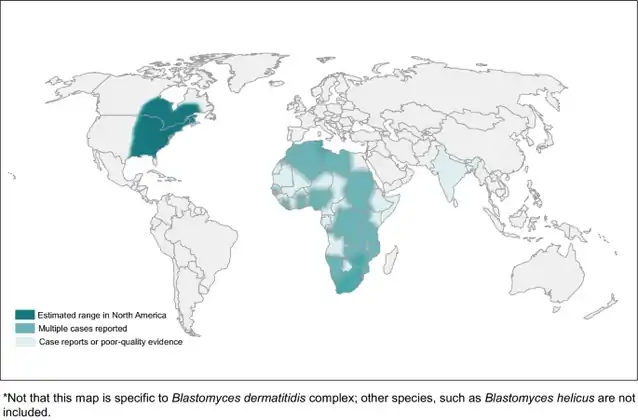 World map estimating regions most likely to have blastomycosis*[17]