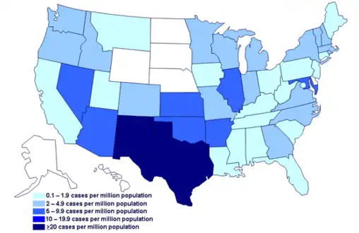 Map of cases per million residents during 2008 outbreak