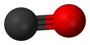 A carbon atom (shown as a grey ball) tripled bonded to an oxygen atom (shown as a red ball).
