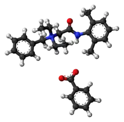 Ball-and-stick models of the both ions in denatonium benzoate
