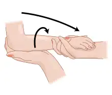 The first step is hyperpronation with extension at the elbow[17]