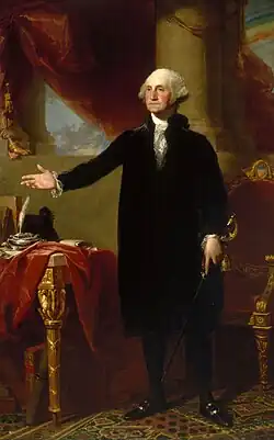 portrait of Washington standing with an outstretched arm