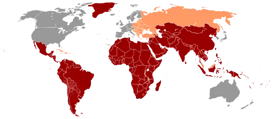 Hepatitis A distribution 2005 &nbsp;&nbsp;High: prevalence higher than 8% &nbsp;&nbsp;Intermediate: between 2% and 7% &nbsp;&nbsp;Low : less than 2%