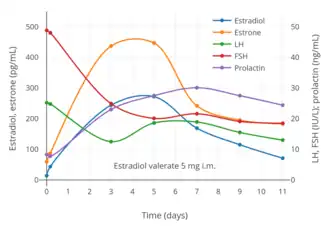 Hormone levels after a single intramuscular injection of 5 mg estradiol valerate in oil in 17 postmenopausal women. Assays were performed using EIA. Estrone levels were likely overestimated, possibly due to cross reactivity of the assay with estrogen conjugates. Source was Göretzlehner et al. (2002).