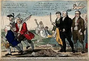 1808 cartoon showing Jenner, Thomas Dimsdale and George Rose seeing off anti-vaccination opponents