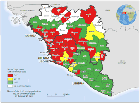 Map of West Africa showing the number of days since last confirmed case of Ebola virus disease in region and the number of confirmed cases in past 21 days during January 25-February 14, 2015[9]