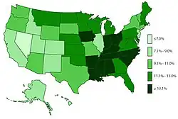 Percent of people 4–17 ever diagnosed in the US as of 2011[14]