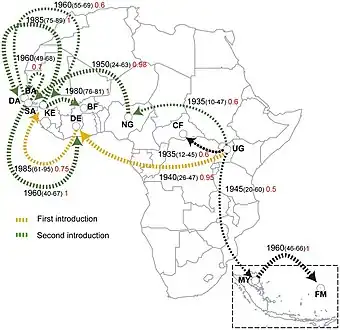 Spread of Zika in Africa and Asia, based on molecular sequence data.[22]