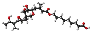 Ball-and-stick model of the pseudomonic acid A molecule, the principal component of mupirocin