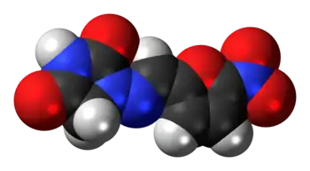 Ball-and-stick model of the nitrofurantoin molecule