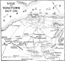 Map diagramming the American and French forces advancing on Yorktown