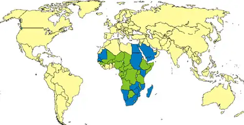 Distribution of Rift Valley fever in Africa: Blue, countries with endemic disease and substantial outbreaks of RVF; green, countries known to have some cases, periodic isolation of virus, or serologic evidence of RVF