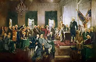 Painting by Howard Chandler Christy, depicting the signing of the Constitution of the United States, with Washington as the presiding officer standing at right