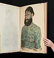 From Hebra's Atlas der Hautkrankheiten, a portrait of a Caucasian man, dark haired and bearded, with bared chest and upper arms, who had an "artistically accomplished full body tattoo" in green and orange.