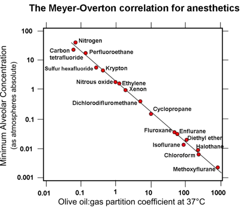 graph with logarithmic scales showing a close inverse correlation between "Potency of anesthetic drug" and "Olive oil:gas partition coefficient" for 17 different agents