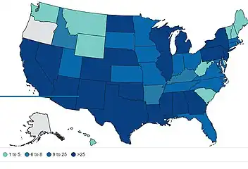West Nile virus human disease cases reported by state , 2024[130]