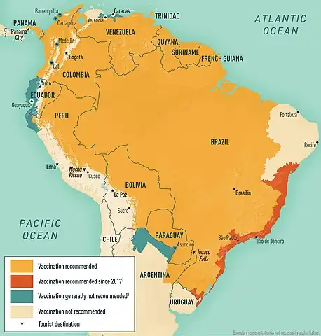 Areas with risk of yellow fever in South America (2022)