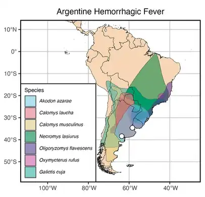 Map of South America shows the ranges of mammal species associated with New World mammarenaviruses. The species have been identified as hosts from serosurveillance, or have been confirmed as hosts via virus isolation[25]