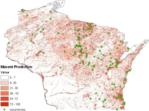 Predicted potential geography of B. dermatitidis in Wisconsin,US