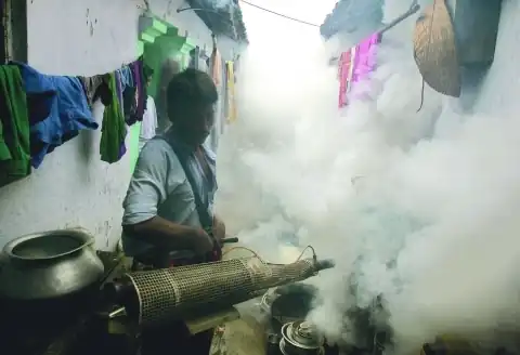 A health officer in Kolkata, India, fumigates to prevent the spread of mosquito-borne diseases