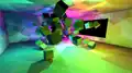 A colorfully lit room with floating cubes in it.