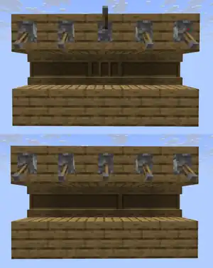 Two in-game screenshots: the top screenshot taken before and the bottom screenshot taken after. In the before picture, five shelves are placed next to each other in a row, the two shelves on either end are powered and connected, and the shelf in the middle is unpowered. The after picture is identical, except the middle shelf is powered, connecting to the two shelves on the left.