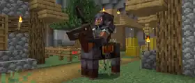 Efe riding a horse while both are fully equipped with netherite armor and a netherite spear.