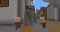An iron golem watching over two villager children, in A Minecraft Movie Live Event