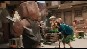 Natalie wielding a hoe in A Minecraft Movie.
