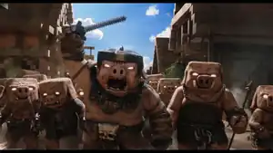 An angry mob of various piglins, including General Chungus up front