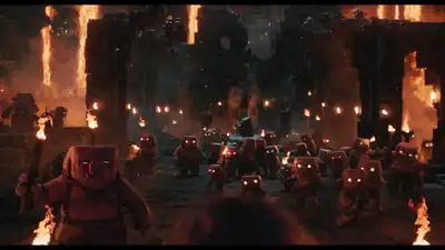 Piglins in the Nether looking at Steve in A Minecraft Movie.