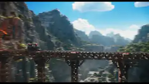 The minecart speeding on a bridge