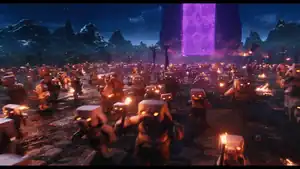 An angry mob of piglins stampeding into the Overworld and invading