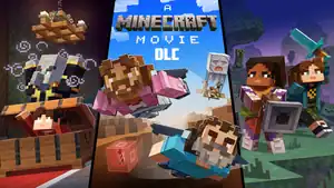 Steve gliding on the key art for A Minecraft Movie DLC.