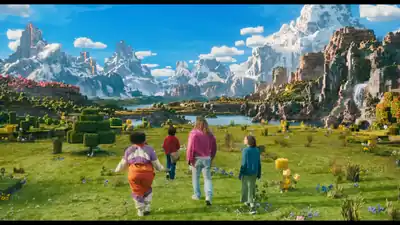 A plains biome as it appears in A Minecraft Movie.