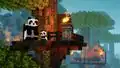 A panda and a baby panda sitting together in a ruined tree house of the Dingy Jungle.