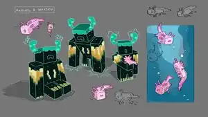 Sketches of the axolotl and a warden.