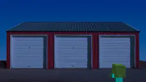 Baby zombie in front of 3 garage doors.