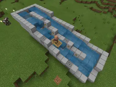 Endlessly circling moat that changes elevation, showing a villager floating uphill in a boat.
