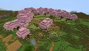 Multiple Cherry Trees in a Cherry Grove biome, overlapping with a Plains Village