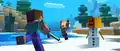 Artwork of Steve holding a diamond sword to attack a snow golem.
