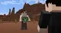 Narrator and MARILLA confronting Jonathan Minecraft in a badland, a scene from Around the Minecraft World in 80 Biomes.