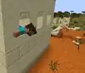 Steve crawling out of a window in a village.