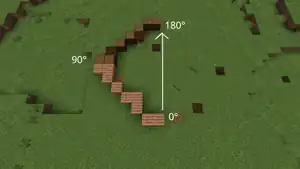 A semicircle in Minecraft, placed in a valley using spruce logs and jungle planks. Orientation is towards the left. Mirror of the "Semicircle rotated by minus 90 degrees" image.